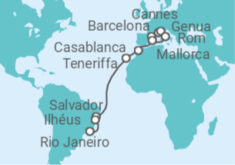Reiseroute der Kreuzfahrt  Frankreich, Italien, Spanien, Marokko, Brasilien - MSC Cruises