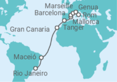 Reiseroute der Kreuzfahrt  Brasilien, Spanien, Frankreich, Italien - MSC Cruises
