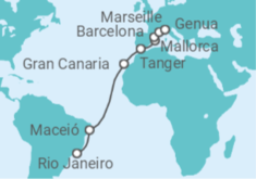 Reiseroute der Kreuzfahrt  Brasilien, Spanien, Frankreich - MSC Cruises
