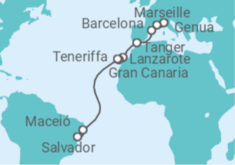 Reiseroute der Kreuzfahrt  Frankreich, Spanien, Brasilien - MSC Cruises