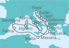 Reiseroute der Kreuzfahrt  Frankreich, Italien, Griechenland, Montenegro, Kroatien, Malta, Spanien - Cunard