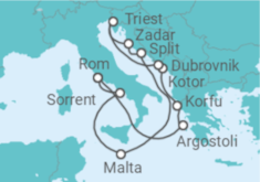 Reiseroute der Kreuzfahrt  Griechenland, Montenegro, Kroatien, Italien, Malta - Cunard