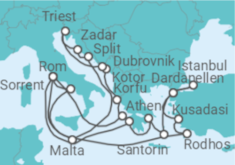 Reiseroute der Kreuzfahrt  Griechenland, Türkei, Italien, Montenegro, Kroatien, Malta - Cunard