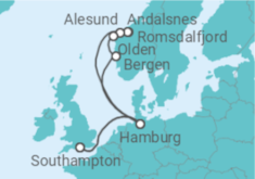 Reiseroute der Kreuzfahrt  Deutschland, Norwegen - Cunard