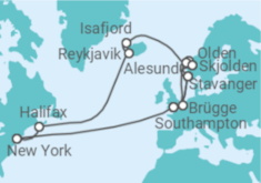 Reiseroute der Kreuzfahrt  Vereinigtes Königreich, Belgien, Norwegen, Island, Kanada - Cunard