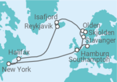 Reiseroute der Kreuzfahrt  Von Southampton (England) nach Hamburg - Cunard