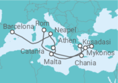 Reiseroute der Kreuzfahrt  Griechenland, Türkei, Malta, Italien - Disney Cruise Line