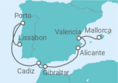 Reiseroute der Kreuzfahrt  Lissabon • Porto • Cádiz • Gibraltar • Alicante • Valencia • Mallorca + Flüge - Nicko Cruises