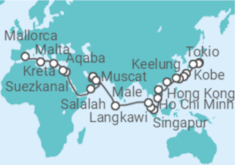 Reiseroute der Kreuzfahrt  Weltenbummler von Tokio nach Mallorca - AIDA