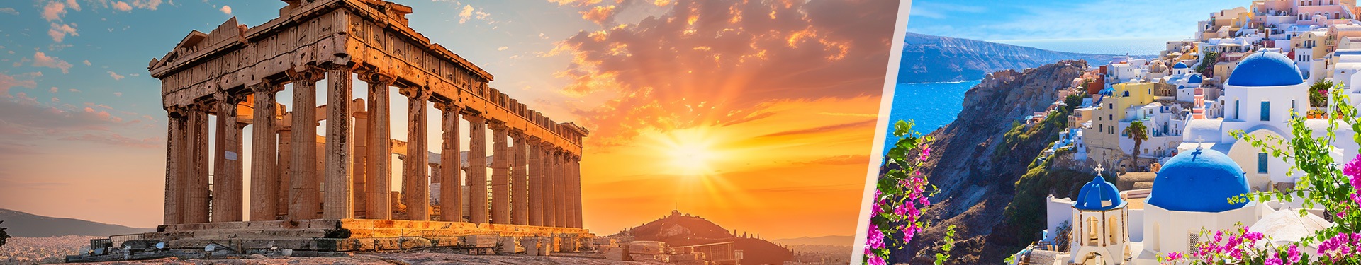 Athen und Santorini mit dem Flugzeug, mit Transfers und Mietwagen