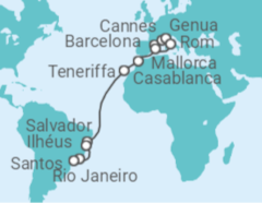 Reiseroute der Kreuzfahrt  Von Barcelona nach Santos (Brasilien) Alles Inklusive - MSC Cruises