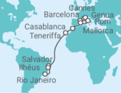 Reiseroute der Kreuzfahrt  Transatlantik All Inclusive & Copacabana - MSC Cruises
