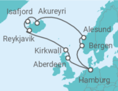 Reiseroute der Kreuzfahrt  Nordische Inseln mit Island ab Hamburg - AIDA