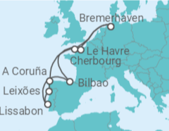 Reiseroute der Kreuzfahrt  12 Nächte - Westeuropas Vielfalt - ab/bis Bremerhaven - Mein Schiff
