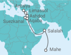 Reiseroute der Kreuzfahrt  von Antalya auf die Seychellen - AIDA