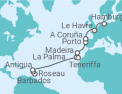 Reiseroute der Kreuzfahrt  Von Barbados nach Hamburg - AIDA