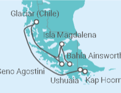 Reiseroute der Kreuzfahrt  Patagonische Gletscher ab Ushuaia - Australis