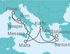 Reiseroute der Kreuzfahrt  Griechenland, Malta, Italien - NCL Norwegian Cruise Line