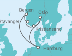 Reiseroute der Kreuzfahrt  Norwegens Städte ab Hamburg - AIDA