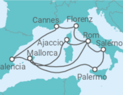 Reiseroute der Kreuzfahrt  14 Nächte - Westliches Mittelmeer mit Palermo und Valencia - Mein Schiff