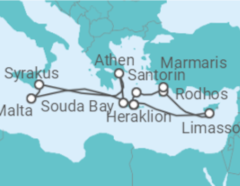 Reiseroute der Kreuzfahrt  14 Nächte - Östliches Mittelmeer mit Rhodos & Malta - Mein Schiff
