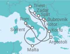 Reiseroute der Kreuzfahrt  Griechenland, Montenegro, Kroatien, Italien, Malta - Cunard
