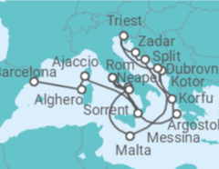 Reiseroute der Kreuzfahrt  Große Mittelmeer Kreuzfahrt
 - Cunard