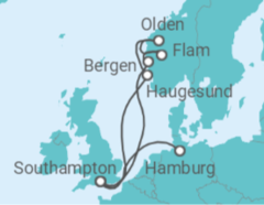 Reiseroute der Kreuzfahrt  Southampton - Norwegen - Hamburg - Cunard