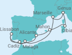 Reiseroute der Kreuzfahrt  Spanien, Portugal, Italien, Frankreich - MSC Cruises