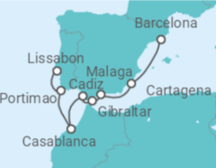Reiseroute der Kreuzfahrt  Portugal, Marokko, Spanien, Gibraltar - WindStar Cruises