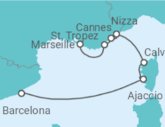 Reiseroute der Kreuzfahrt  Marseille • St. Tropez • Cannes • Nizza • Korsika • Barcelona - Nicko Cruises