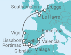 Reiseroute der Kreuzfahrt  Von Barcelona nach Southampton (England) - NCL Norwegian Cruise Line