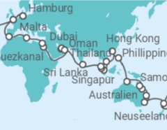 Reiseroute der Kreuzfahrt  Cunard Weltreise 2025 - Cunard