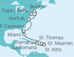 Reiseroute der Kreuzfahrt  16 Nächte - USA Ostküste & Karibiksonne - ab Bayonne/bis La Romana - Mein Schiff