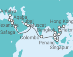 Reiseroute der Kreuzfahrt  44 Nächte - Weltentdecker-Route - ab Hongkong/bis Antalya - Mein Schiff