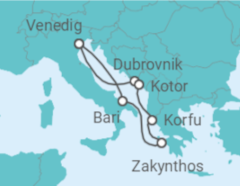 Reiseroute der Kreuzfahrt  Kroatien, Montenegro, Griechenland, Italien - MSC Cruises