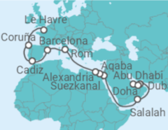 Reiseroute der Kreuzfahrt  Von Dubai nach Le Havre (Frankreich) - MSC Cruises