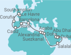 Reiseroute der Kreuzfahrt  Von Dubai nach Southampton (England) - MSC Cruises