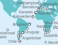 Reiseroute der Kreuzfahrt  Costa Weltreise 2024 - Costa Kreuzfahrten
