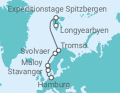 Reiseroute der Kreuzfahrt  Expedition Spitzbergen und Norwegen (Polarlicht-Abenteuer) - Nordmeer-Poesie zur Polarlichtsaison - mit Flug - Hapag-Lloyd Cruises