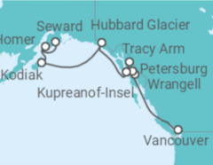 Reiseroute der Kreuzfahrt  Alaska (Inside Passage Kurs Nord) – Wildniswunder auf verschlungenen Seewegen - Hapag-Lloyd Cruises