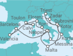 Reiseroute der Kreuzfahrt  Italien, Frankreich, Spanien, Griechenland, Montenegro, Kroatien, Malta - Cunard