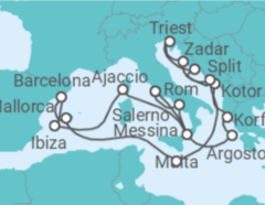 Reiseroute der Kreuzfahrt  Griechenland, Montenegro, Kroatien, Italien, Malta, Spanien, Frankreich - Cunard