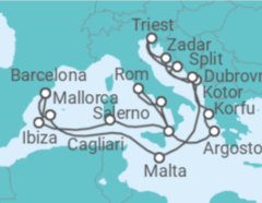 Reiseroute der Kreuzfahrt  Spanien, Italien, Griechenland, Montenegro, Kroatien, Malta - Cunard