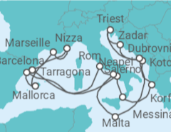 Reiseroute der Kreuzfahrt  Italien, Griechenland, Montenegro, Kroatien, Malta, Spanien, Frankreich - Cunard