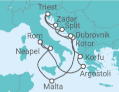 Reiseroute der Kreuzfahrt  Griechenland, Montenegro, Kroatien, Italien, Malta - Cunard