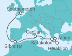 Reiseroute der Kreuzfahrt  Griechenland, Italien, Gibraltar - Cunard
