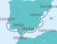 Reiseroute der Kreuzfahrt  Spanien, Mexiko, Gibraltar, Portugal - Azamara