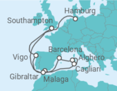 Reiseroute der Kreuzfahrt  Vereinigtes Königreich, Spanien, Italien, Gibraltar - Cunard