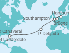 Reiseroute der Kreuzfahrt  USA, Portugal, Vereinigtes Königreich, Belgien - mit Flug - Cunard